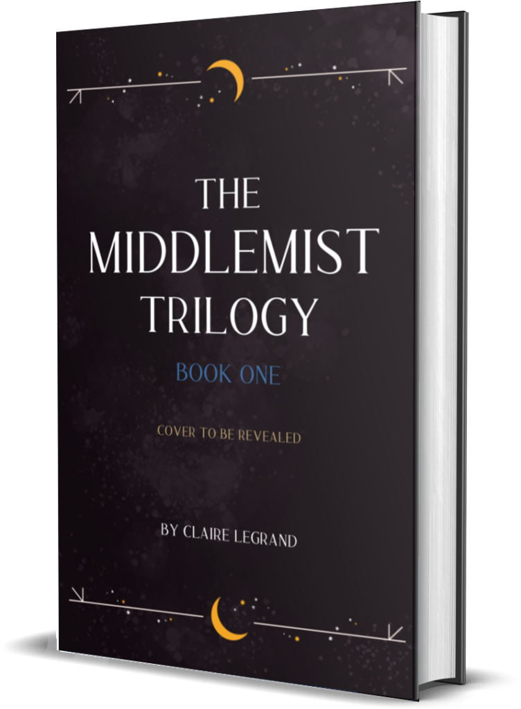 A placeholder cover for The Middlemist Trilogy, Book 1 by Claire Legrand. The title, author's name, and the phrase cover to be revealed are on a slightly textured black background decorated minimally with crescent moons and stars.