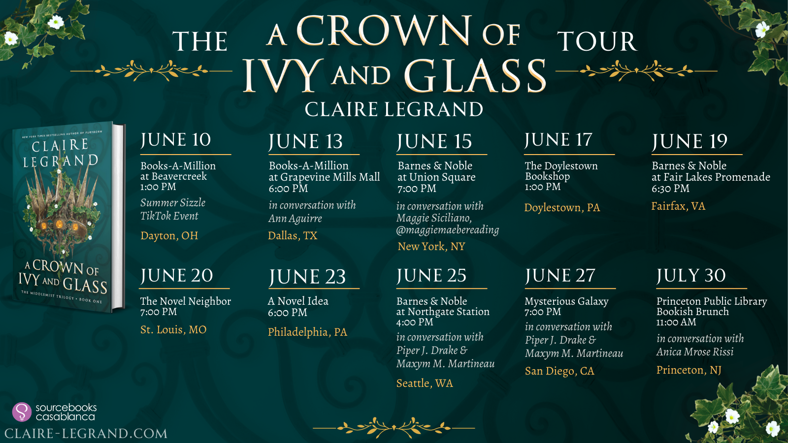 Banner image listing all of the event dates and locations for Claire Legrand's upcoming A CROWN OF IVY AND GLASS tour.