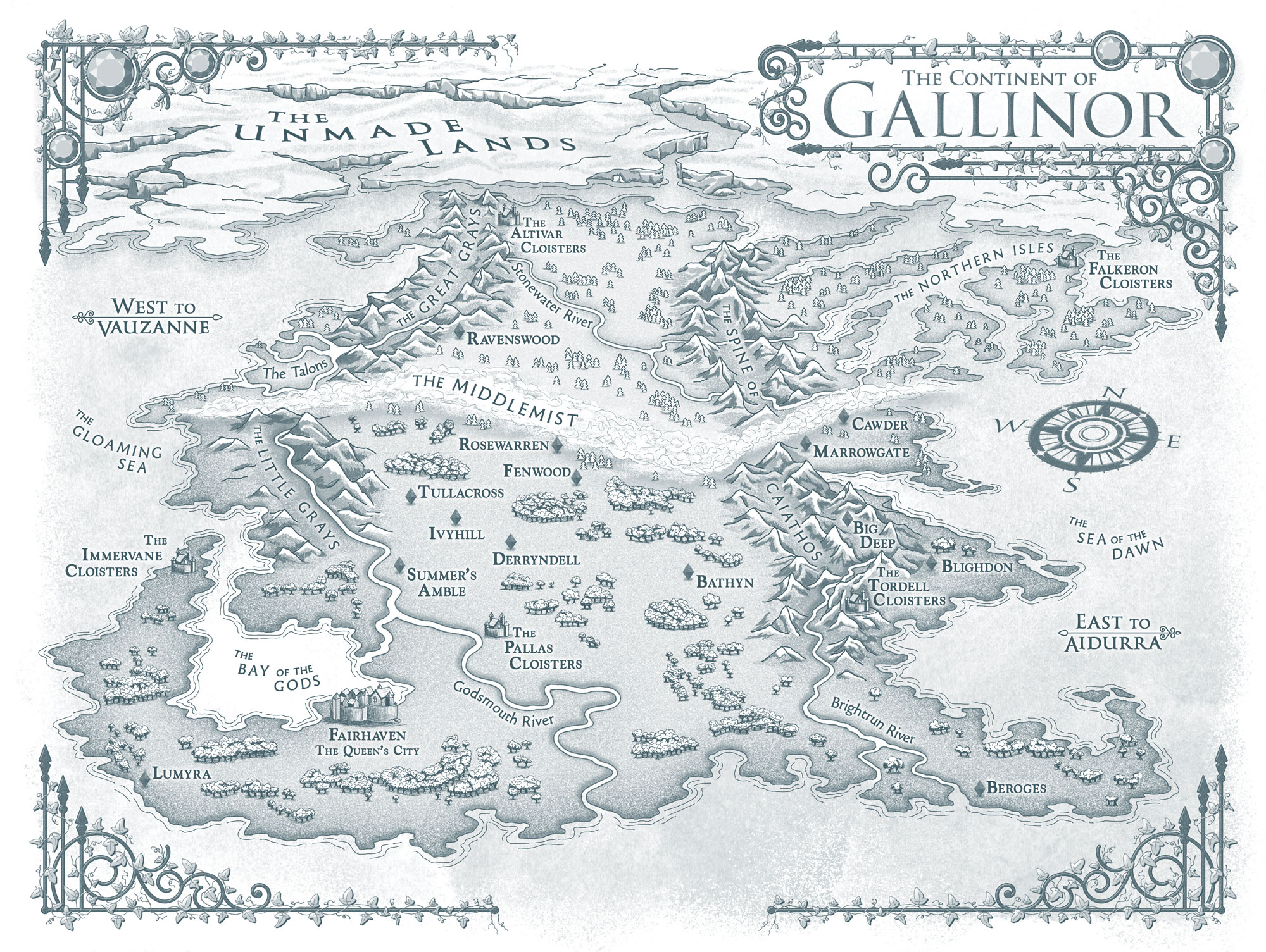 Map of the continent of Gallinor, which appears in all copies of Claire Legrand's A CROWN OF IVY AND GLASS. Illustrator: Travis Hasenour.