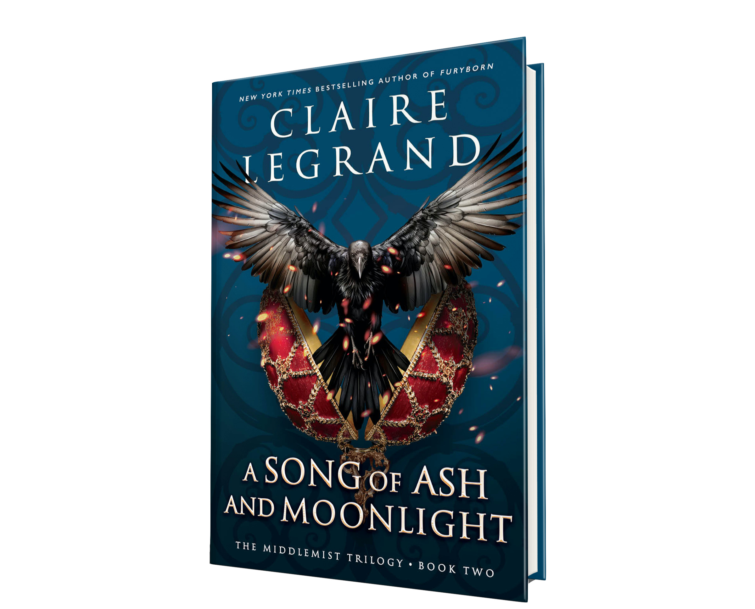 The cover of Claire Legrand's A SONG OF ASH AND MOONLIGHT, featuring a raven bursting out from a Fabergé-style red-and-gold egg, surrounded by embers, on a dark blue background.