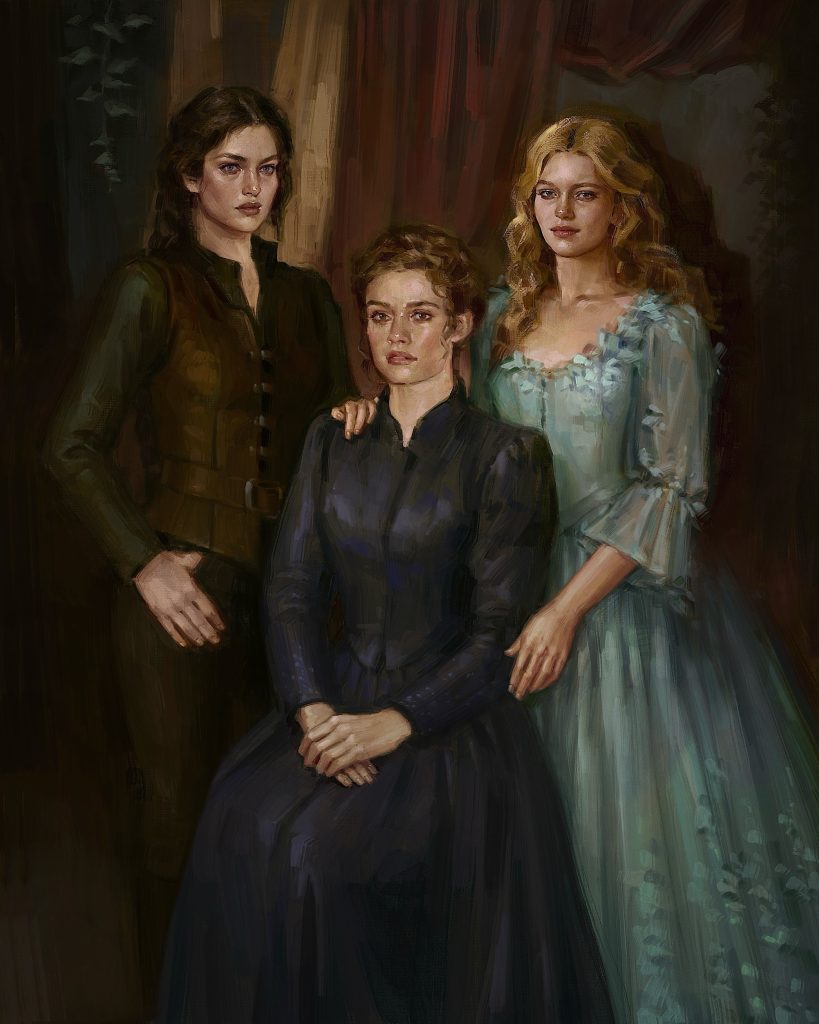 An image of the exclusive art print readers will receive upon pre-ordering A ROSE OF BLOOD AND BINDING from Fountain Bookstore. The image is done in an oil painting style with rich, dark colors and features the three Ashbourne sisters from the Middlemist trilogy. All three women are white. The leftmost woman, Mara, has a brunette braid and wears soldier-like dark green and brown clothing denoting her position as a shieldmaiden. The rightmost woman, Gemma, has long wavy blond hair and wears a delicate sky-blue gown decorated with flowers. The central woman, Farrin, is sitting. She has golden-brown hair worn pinned up and wears a dark blue, high-necked, long-sleeved gown.