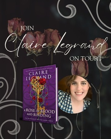 The cover of Claire Legrand's A ROSE OF BLOOD AND BINDING, featuring red roses and thorny green vines wrapped around an ornate gold key, all on a rich purple background.